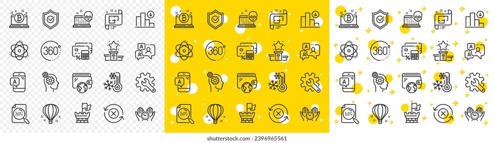 Outline Bitcoin, Atom and Approved shield line icons pack for web with Safe time, Air balloon, Ab testing line icon. Decreasing graph, Thoughts, Support chat pictogram icon. 360 degrees. Vector