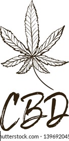 Outline black cannabis leaf and cbd logo. Hand drawn natural vintage sketch for medical design. CBD, cannabis, hemp oil. Vector illustration on white background