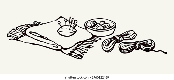 Outline black drawn skill cotton fiber spool sharp steel metal patch pad object kit set logo emblem design retro artist cartoon doodle line sketch style. Close up atelie view white text space backdrop