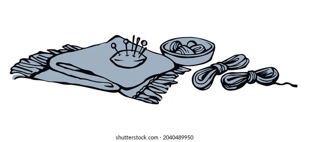 Outline black drawn skill cotton fiber spool sharp steel metal patch pad object kit set logo emblem design retro artist cartoon doodle line sketch style. Close up atelie view white text space backdrop