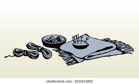 Outline black drawn skill cotton fiber spool sharp steel metal patch pad object kit set logo emblem design retro artist cartoon doodle line sketch style. Close up atelie view white text space backdrop