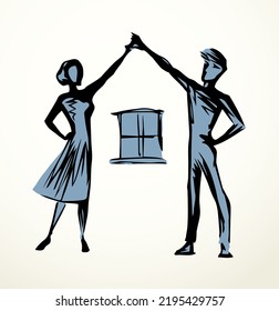 Outline black drawn view 2 unit help save form sketch art doodle style design. line male boy guy dad female girl mom team group union hold arm build happy joy child kid safe rent wall roof joy dream