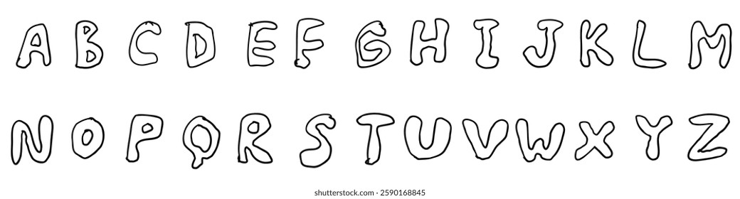 Outline black english latin abc alphabet font with digits and symbols handwritten A to Z set. Vector illustration in doodle style isolated on white background. For logo, kids book, card, typography.