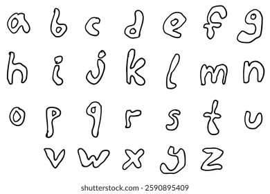 Outline black english latin abc alphabet lower case font handwritten A to Z collection. Vector illustration in doodle style isolated on white background. For kids book, typography, logo, card, menu.