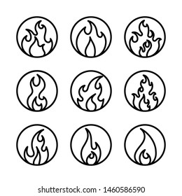 Outline black fire flames circle icon set isolated on white background. Collection of silhouette light effect elements for web, game, design, app. Vector illustration