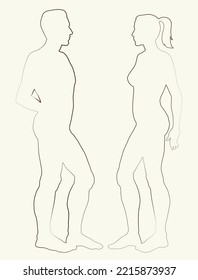 Hombres y mujeres están de lado. Dibujo de vectores
