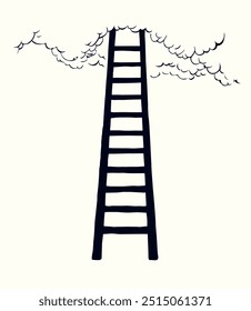 Outline black hand drawn old tall long wooden start promot abov win cloudy air aim exit level cartoon design line art sketch sign icon. Vertical abstract view travel winner escap natur metal wall down