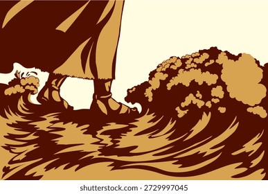 Outline black hand drawn old hope saint lord fear doubt sink drown pray icon sign retro historic cartoon line art doodle style. Close up view jewish worship believe female sandals woman trail on sacred river path way road light white sky gospel scene