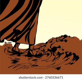 Outline black hand drawn old hope saint lord fear doubt sink drown pray icon sign retro historic cartoon line art doodle style. Close up view jewish worship believe female sandals woman trail on sacred river path way road light white sky gospel scene