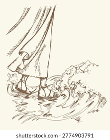 Outline black hand drawn old hope saint lord fear doubt sink drown pray icon sign retro historic cartoon line art doodle style. Close up view jewish worship believe female sandals woman trail on sacred river path way road light white sky gospel scene