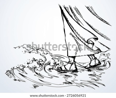 Outline black hand drawn old hope saint lord fear doubt sink drown pray icon sign retro historic cartoon line art doodle style. Close up view jewish worship believe female sandals woman trail on sacred river path way road light white sky gospel scene