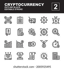 outline black icon symbol set, cryptocurrency concept, bitcoin, blockchain, video card, direcetion, maintenance, target, infographic, trophy, ethereum, Isolated vector design, editable stroke