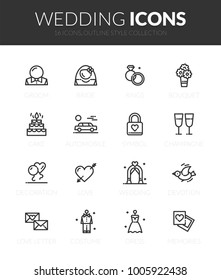 Outline black icons set in thin modern design style, flat line stroke vector symbols - wedding collection