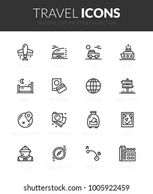 Outline black icons set in thin modern design style, flat line stroke vector symbols - travel collection