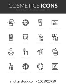 Outline black icons set in thin modern design style, flat line stroke vector symbols - cosmetics makeup collection