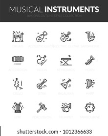 Outline black icons set in thin modern design style, flat line stroke vector symbols - musical instruments collection