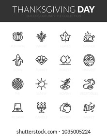 Outline black icons set in thin modern design style, flat line stroke vector symbols - thanksgiving collection