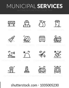 Outline black icons set in thin modern design style, flat line stroke vector symbols - municipal services collection
