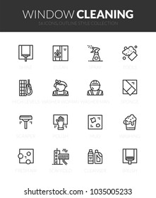 Outline black icons set in thin modern design style, flat line stroke vector symbols - window cleaning services collection