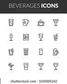 Outline black icons set in thin modern design style, flat line stroke vector symbols - beverages collection
