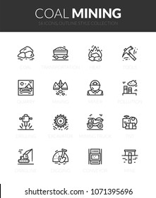 Outline black icons set in thin modern design style, flat line stroke vector symbols - coal mining collection