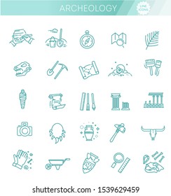 Outline black icons set in thin modern design style, flat line stroke vector symbols - archeology collection