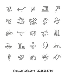 Outline black icons set in thin modern design style, flat line stroke vector symbols - archeology collection