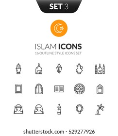 Outline black icons set in thin modern design style, flat line stroke vector symbols - Islam collection