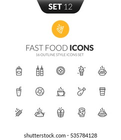 Outline black icons set in thin modern design style, flat line stroke vector symbols - fast food collection