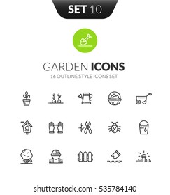 Outline black icons set in thin modern design style, flat line stroke vector symbols - garden collection