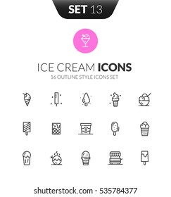 Outline black icons set in thin modern design style, flat line stroke vector symbols - ice cream collection