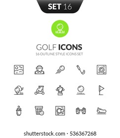 Outline black icons set in thin modern design style, flat line stroke vector symbols - golf collection