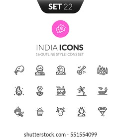 Outline black icons set in thin modern design style, flat line stroke vector symbols - India collection