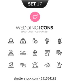 Outline black icons set in thin modern design style, flat line stroke vector symbols - wedding collection