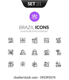 Outline black icons set in thin modern design style, flat line stroke vector symbols - brazil collection