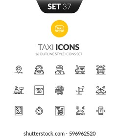 Outline black icons set in thin modern design style, flat line stroke vector symbols - taxi collection