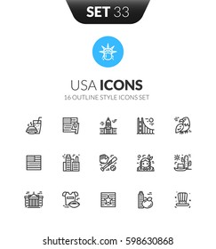 Outline black icons set in thin modern design style, flat line stroke vector symbols - USA collection