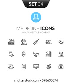 Outline black icons set in thin modern design style, flat line stroke vector symbols - medicine collection