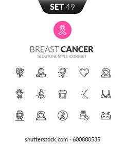 Outline black icons set in thin modern design style, flat line stroke vector symbols - breast cancer collection