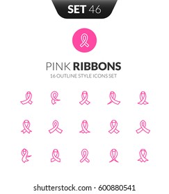 Outline black icons set in thin modern design style, flat line stroke vector symbols - pink ribbons collection
