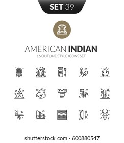 Outline black icons set in thin modern design style, flat line stroke vector symbols - American Indian collection