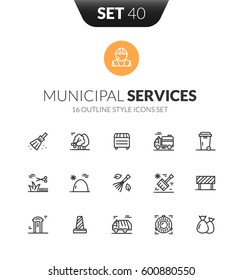 Outline black icons set in thin modern design style, flat line stroke vector symbols - municipal services collection