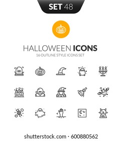 Outline black icons set in thin modern design style, flat line stroke vector symbols - halloween collection