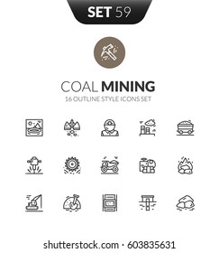 Outline black icons set in thin modern design style, flat line stroke vector symbols - coal mining collection