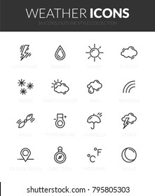 Outline black icons set in thin modern design style, flat line stroke vector symbols - weather forecast collection