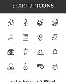 Outline black icons set in thin modern design style, flat line stroke vector symbols - start up collection