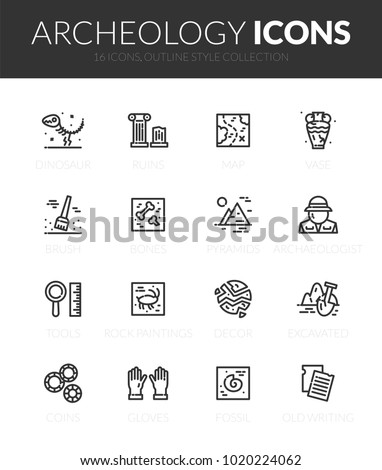 Outline black icons set in thin modern design style, flat line stroke vector symbols - archeology collection
