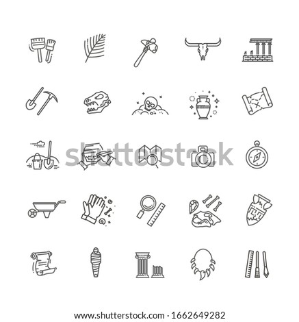 Outline black icons set in thin modern design style, flat line stroke vector symbols - archeology collection