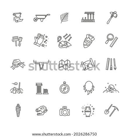 Outline black icons set in thin modern design style, flat line stroke vector symbols - archeology collection