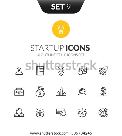 Outline black icons set in thin modern design style, flat line stroke vector symbols - start up collection